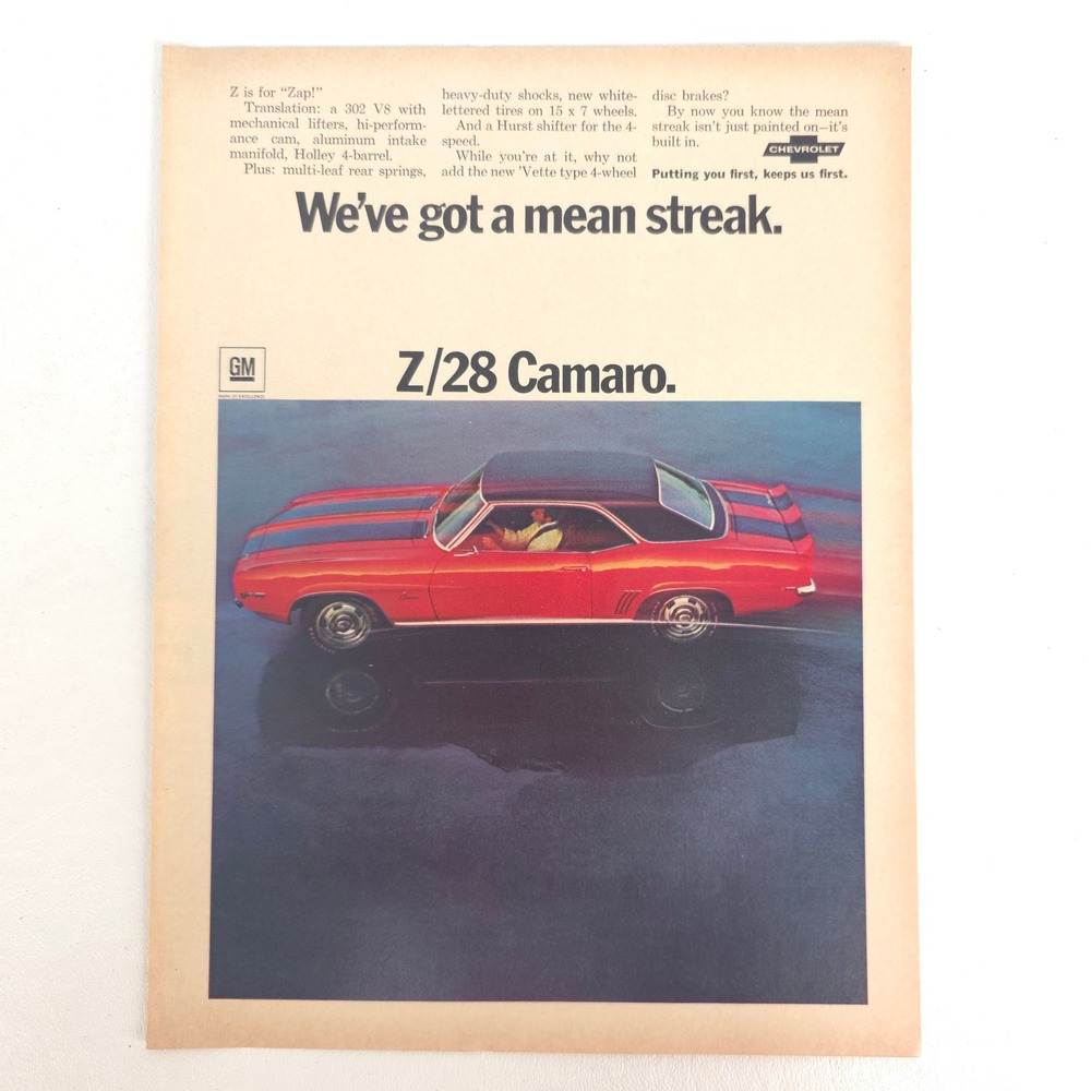 Vintage Chevrolet Z28 Camaro Print Ad Performance Garage Wall Car Show Display